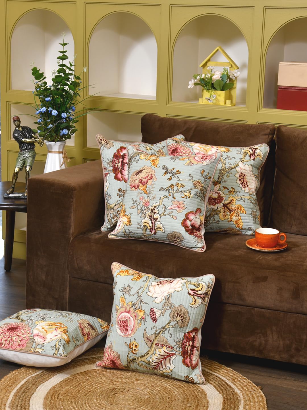 Cotton 300 TC Cushion Covers Set of 5 18X18 Inches Multicolor Flowers On Green