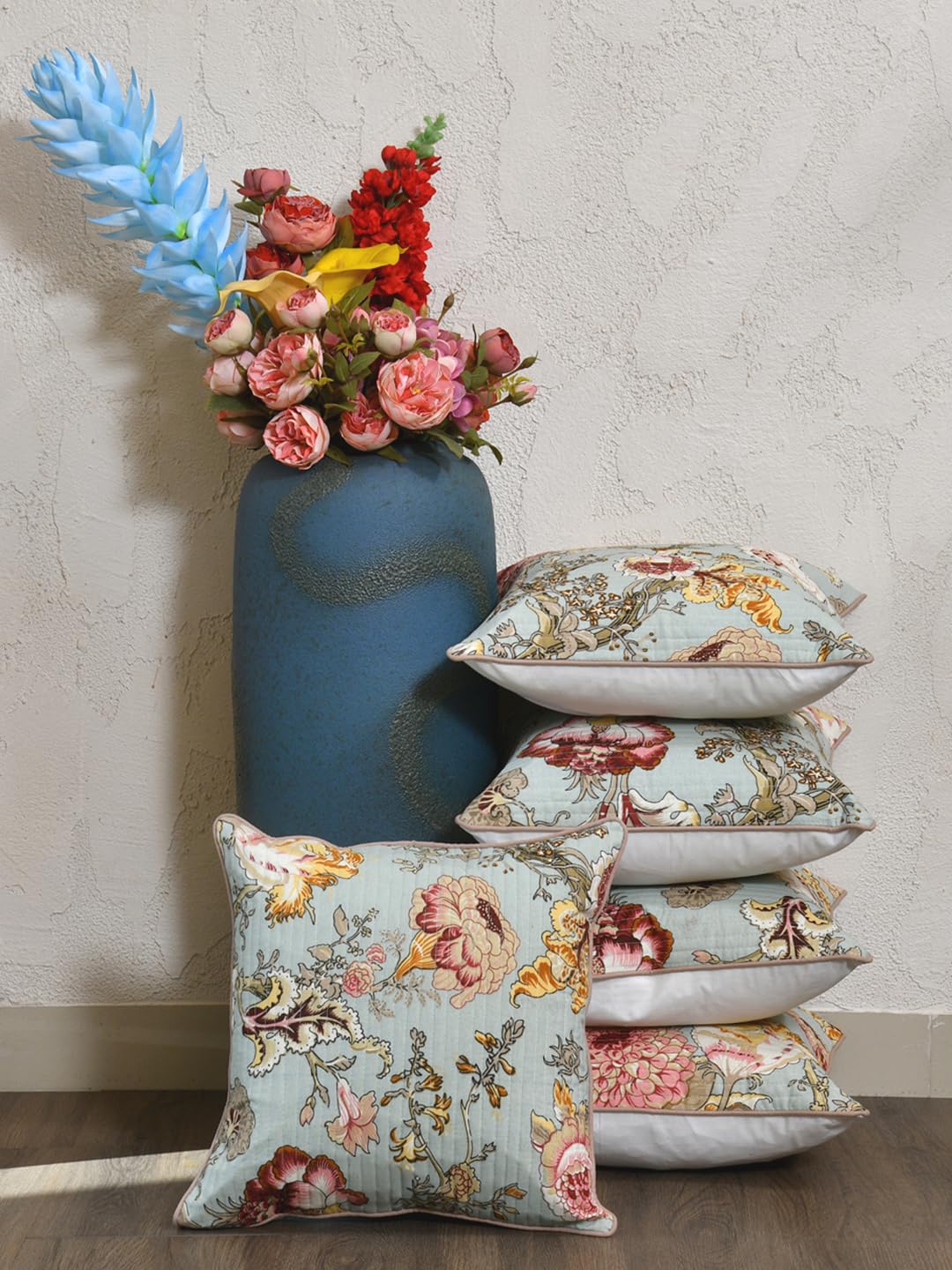 Cotton 300 TC Cushion Covers Set of 5 20X20 Inches Multicolor Flowers On Green
