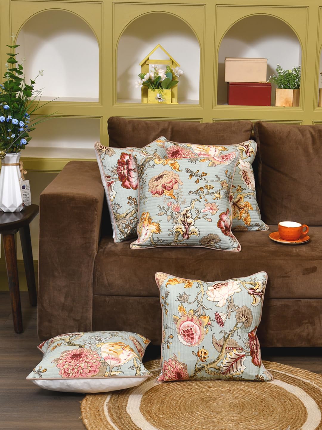 Cotton 300 TC Cushion Covers Set of 5 22X22 Inches Multicolor Flowers On Green