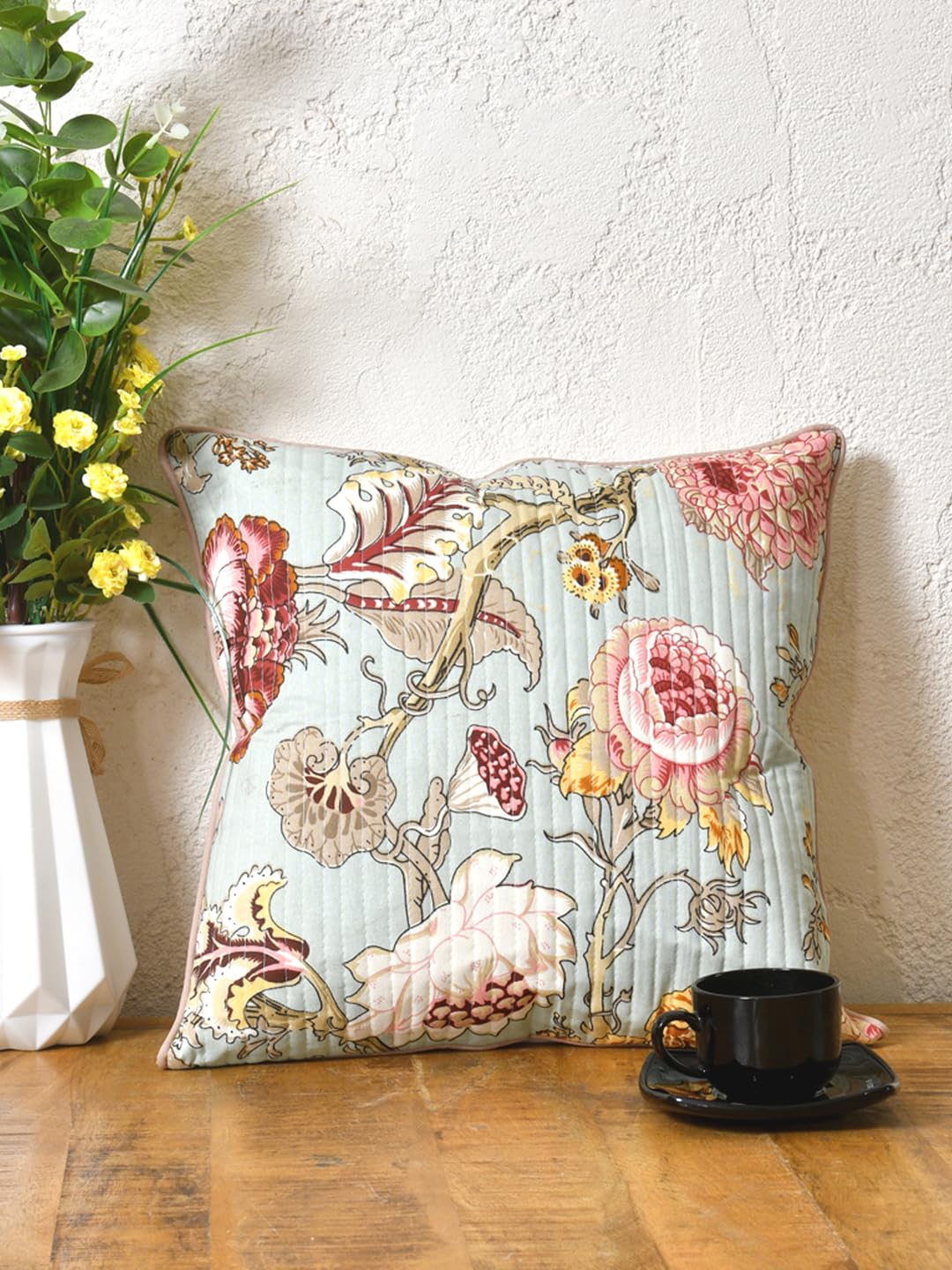 Cotton 300 TC Cushion Covers Set of 5 24X24 Inches Multicolor Flowers On Green
