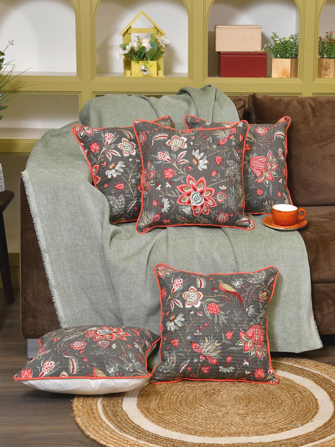 Cotton 300 TC Cushion Covers Set of 5 12X12 Inches Pink Flowers