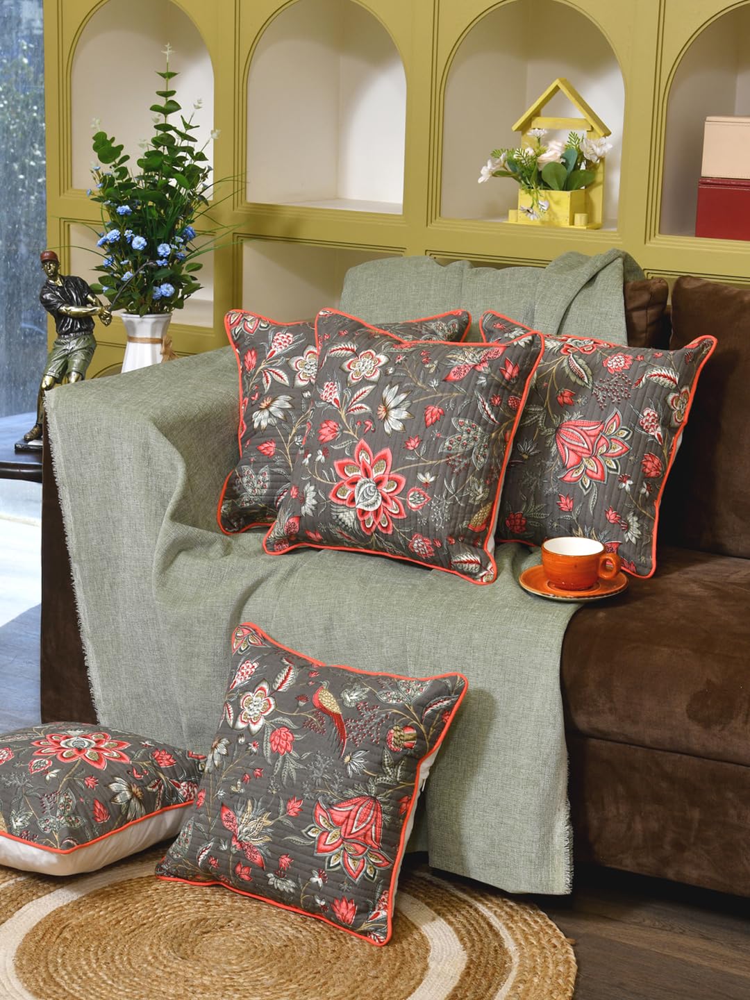 Cotton 300 TC Cushion Covers Set of 5 12X12 Inches Pink Flowers