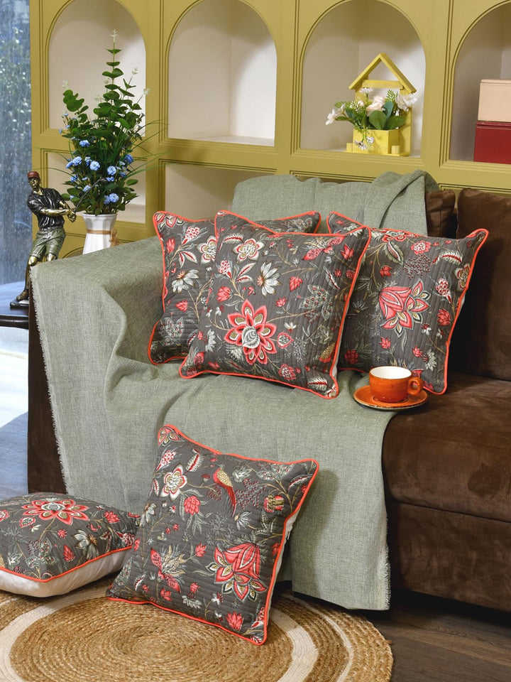 Cotton 300 TC Cushion Covers Set of 5 12X12 Inches Pink Flowers