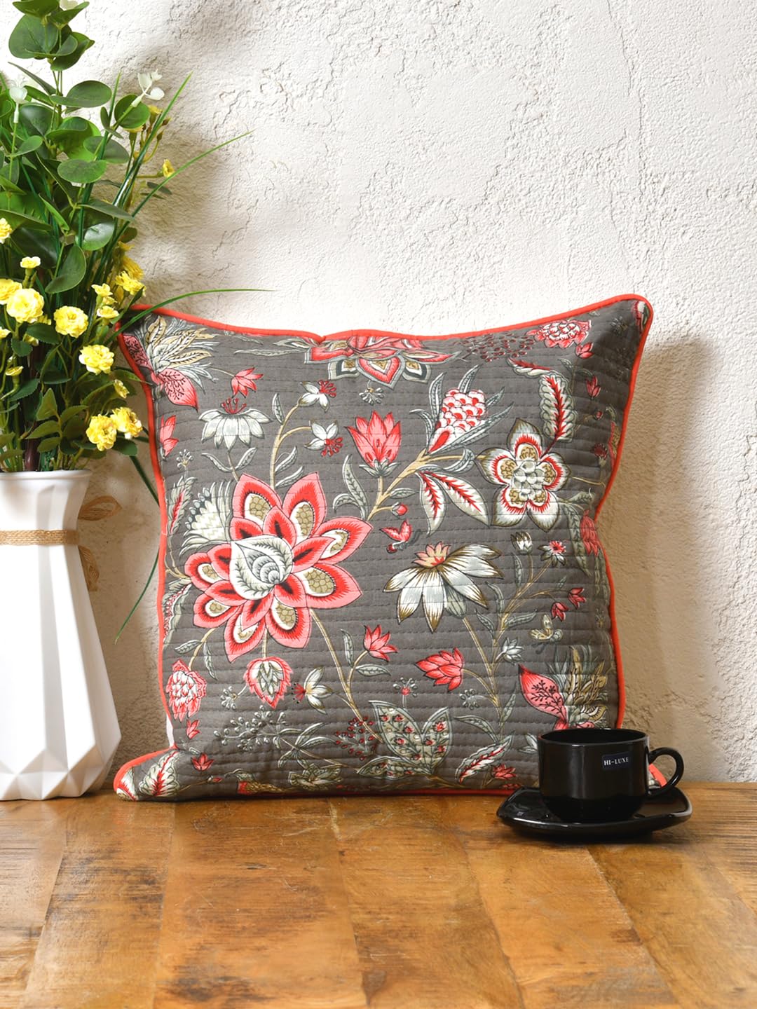 Cotton 300 TC Cushion Covers Set of 5 12X12 Inches Pink Flowers