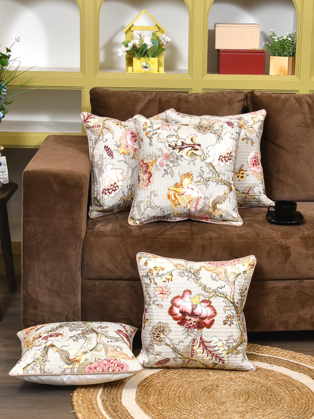 Cotton 300 TC Cushion Covers Set of 5 12X12 Inches Multicolor Flowers On Beige