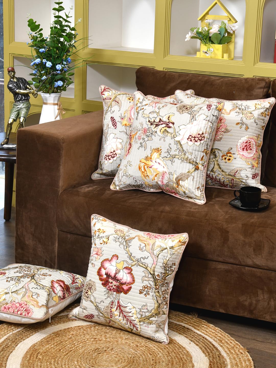 Cotton 300 TC Cushion Covers Set of 5 12X12 Inches Multicolor Flowers On Beige