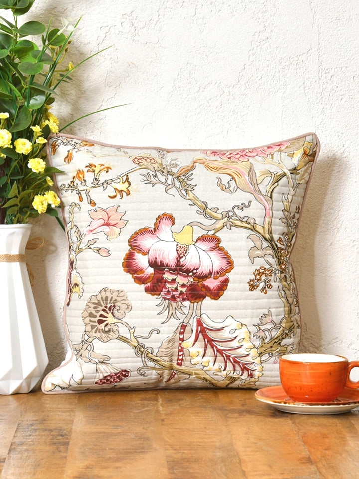 Cotton 300 TC Cushion Covers Set of 5 12X12 Inches Multicolor Flowers On Beige