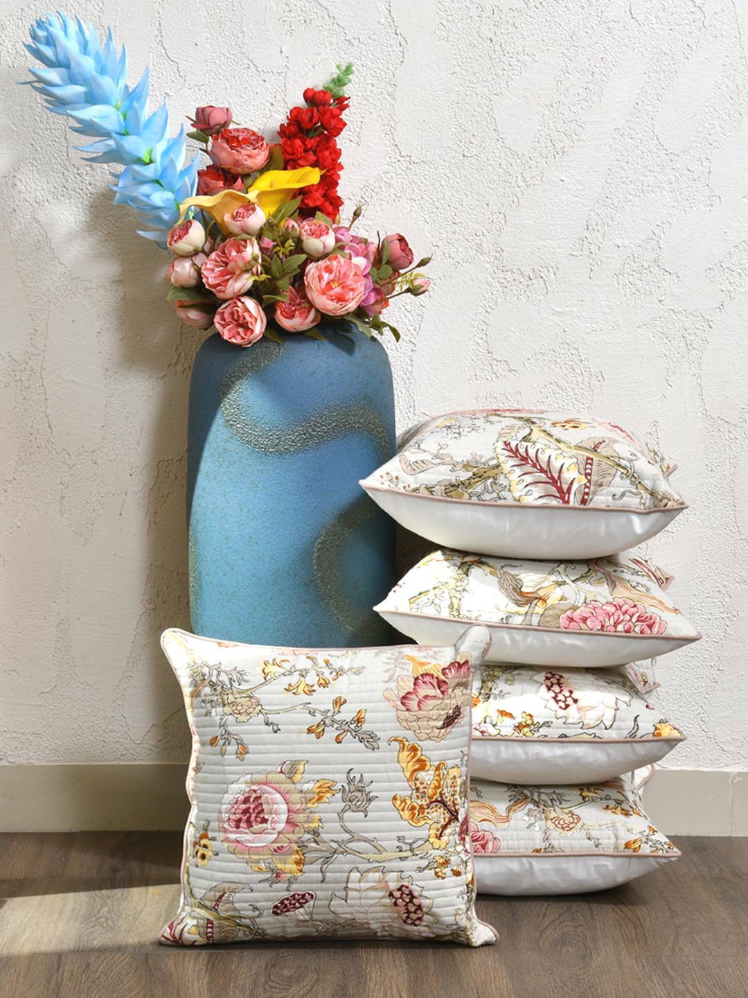 Cotton 300 TC Cushion Covers Set of 5 22X22 Inches Multicolor Flowers On Beige