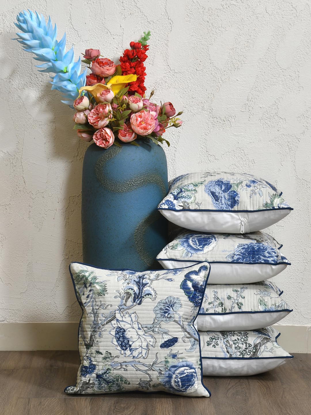 Cotton 300 TC Cushion Covers Set Of 5 12X12 Inches Blue Flowers