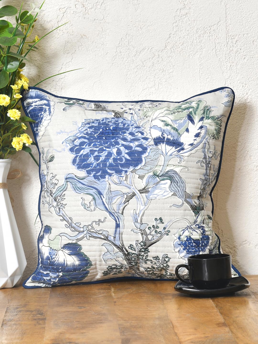 Cotton 300 TC Cushion Covers Set Of 5 12X12 Inches Blue Flowers
