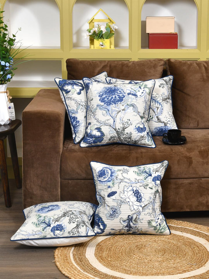 Cotton 300 TC Cushion Covers Set of 5 20X20 Inches Blue Flowers