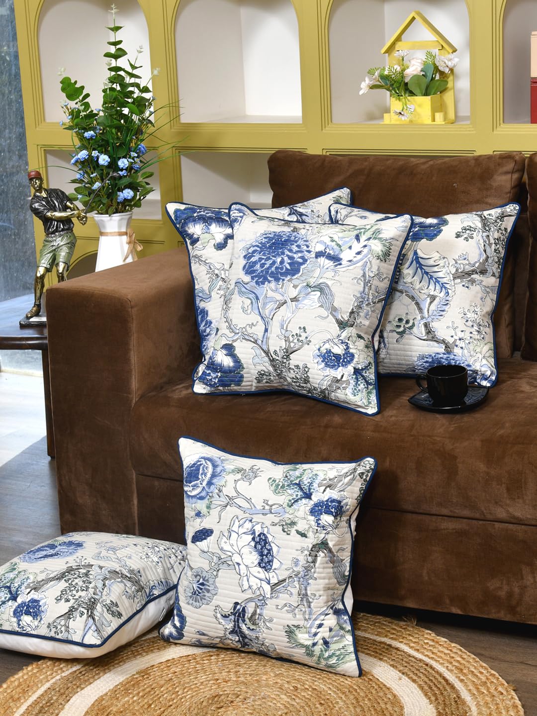 Cotton 300 TC Cushion Covers Set of 5 20X20 Inches Blue Flowers