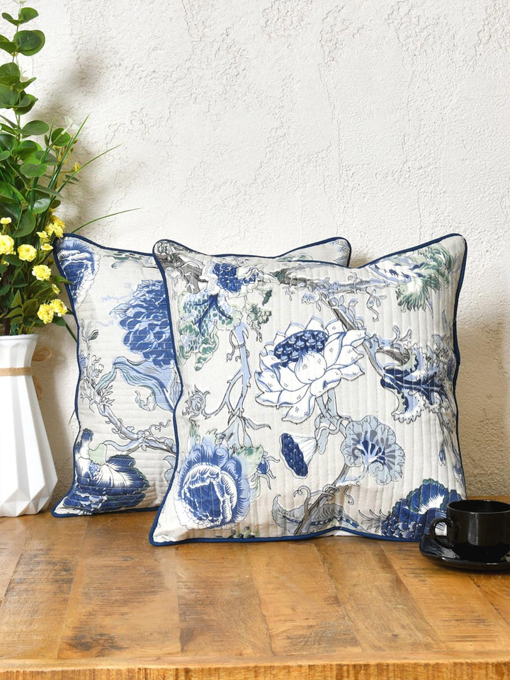 Cotton 300 TC Cushion Covers Set of 5 20X20 Inches Blue Flowers