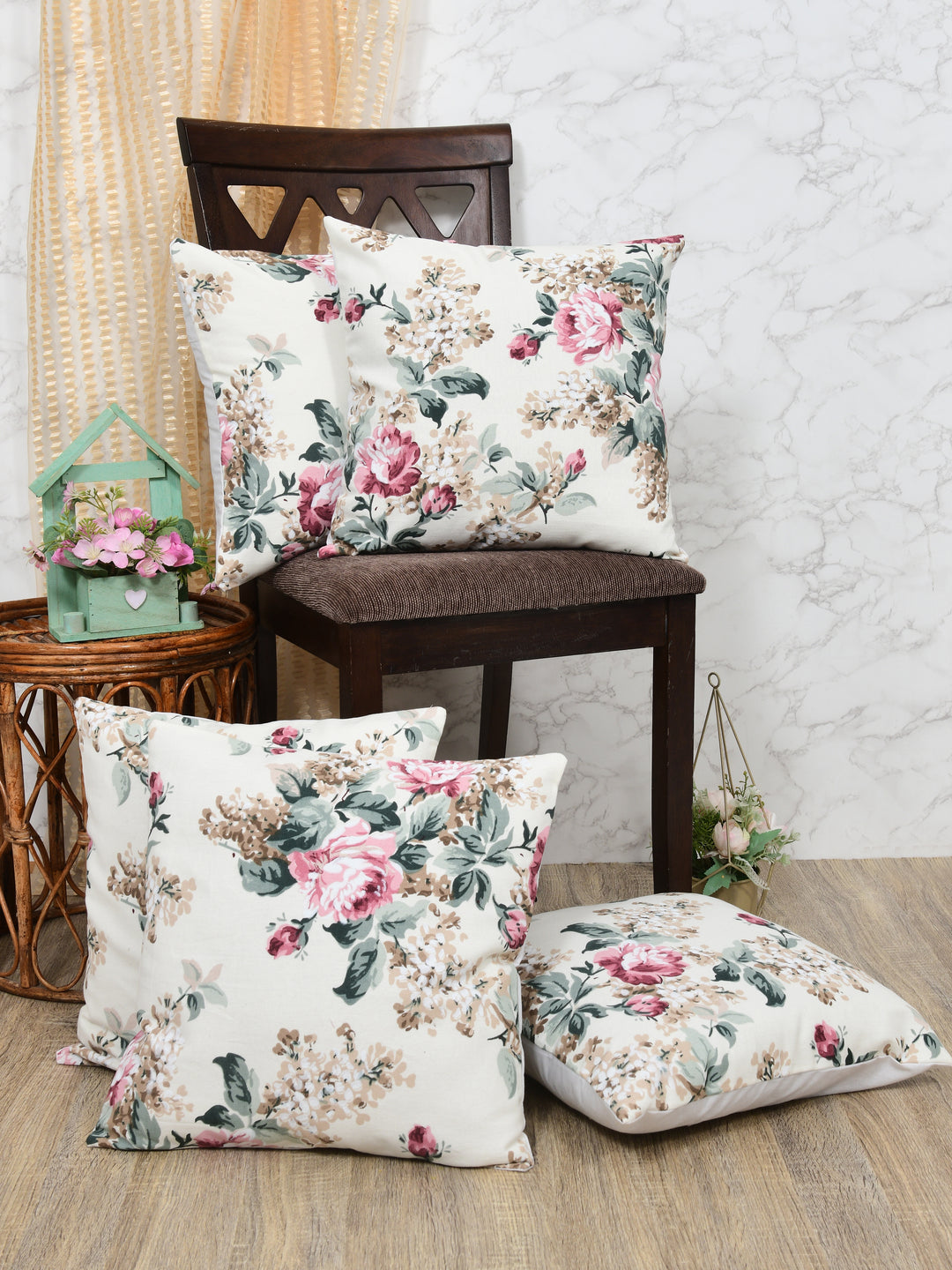 The Home Story Premium Duck Cotton Decorative Throw Cushion Covers For Sofa Living Room ; Set Of 5; 16x16 Inches; Vivid Blossom