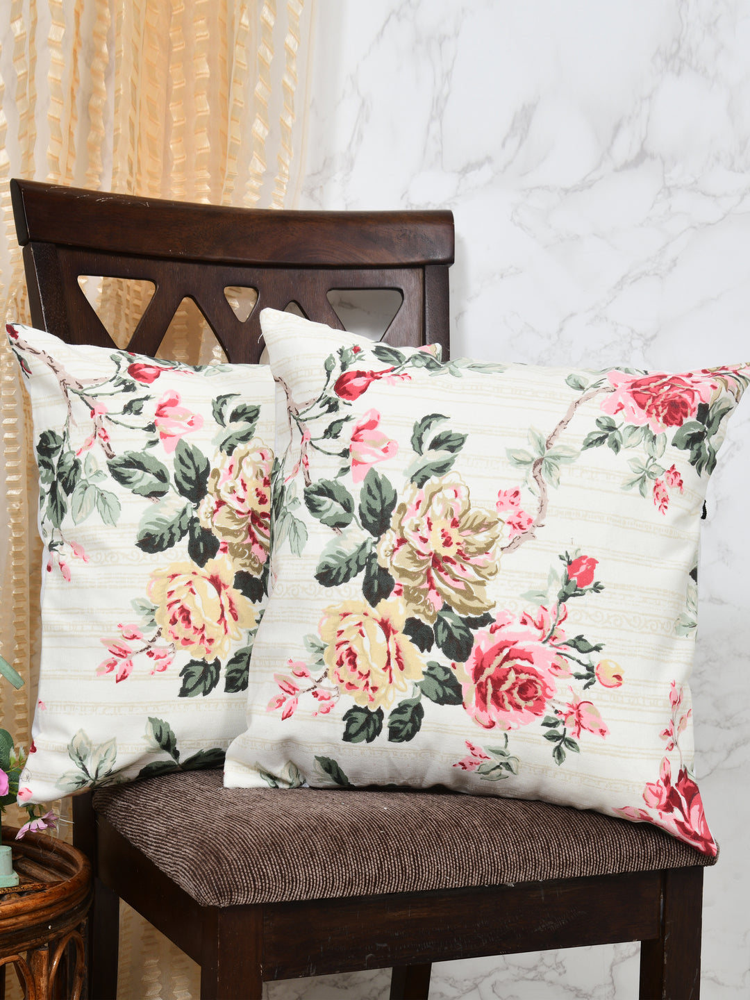 The Home Story Premium Duck Cotton Decorative Throw Cushion Covers For Sofa Living Room ; Set Of 5; 16x16 Inches; Floral Nest
