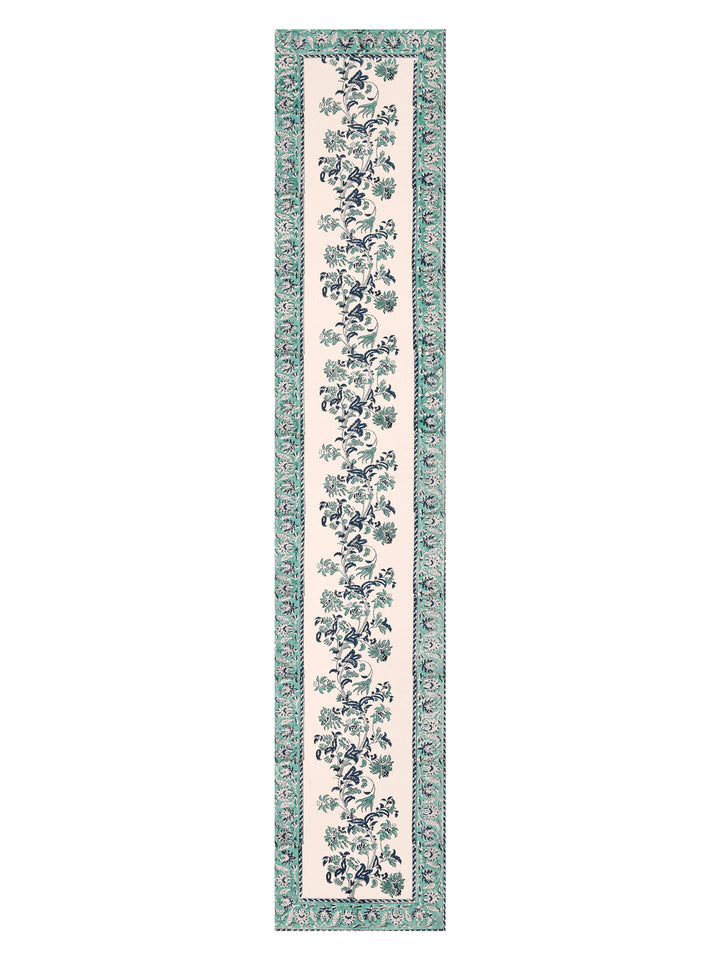 Table Runner; 13x70 Inches; Green Blue Flowers