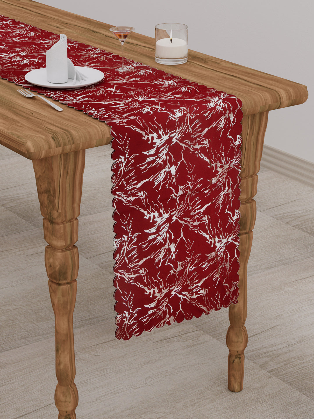 Table Runner; 15x72 Inches; Abstract Print On Maroon
