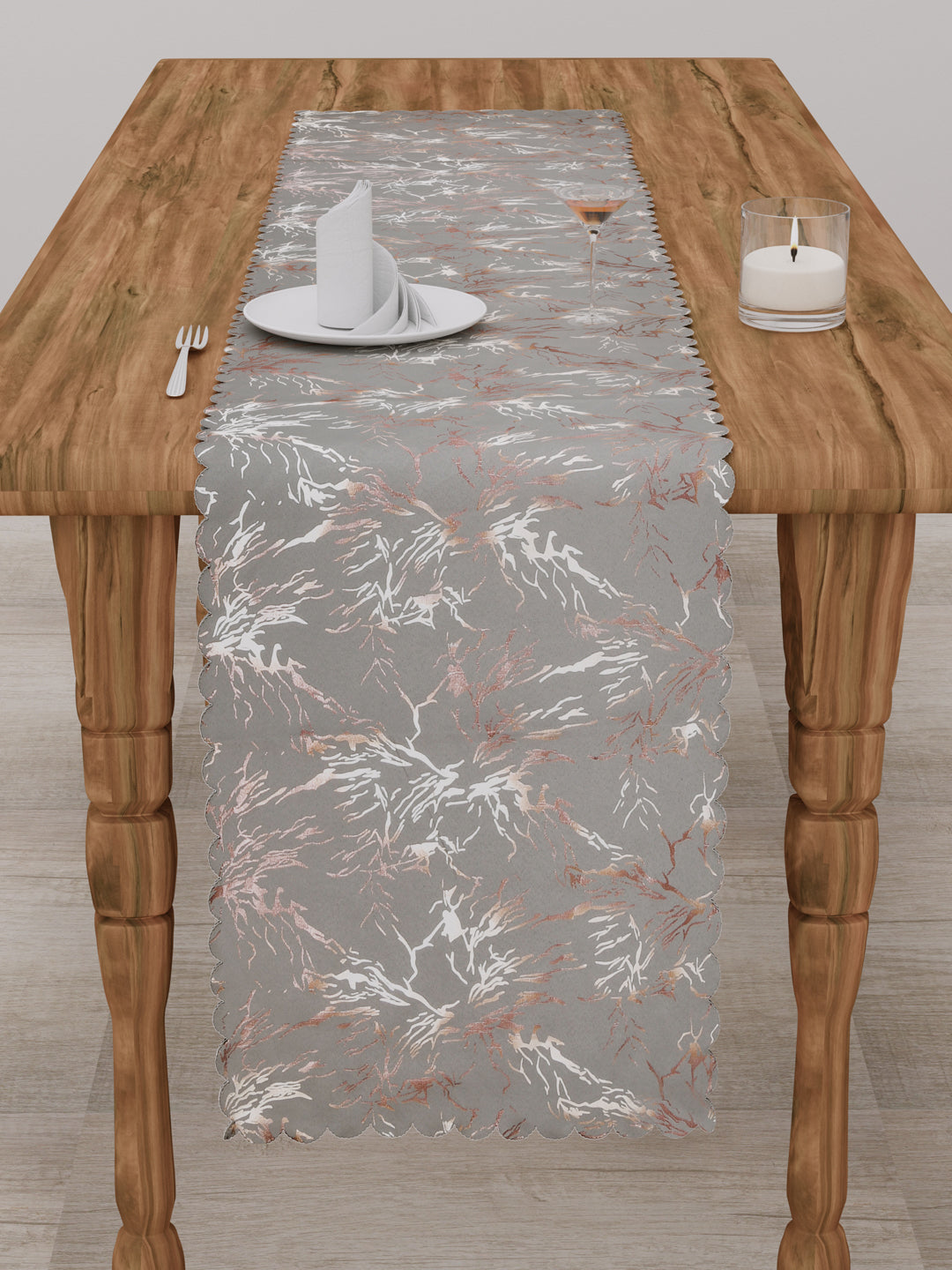 Table Runner; 15x72 Inches; Abstract Print On Grey