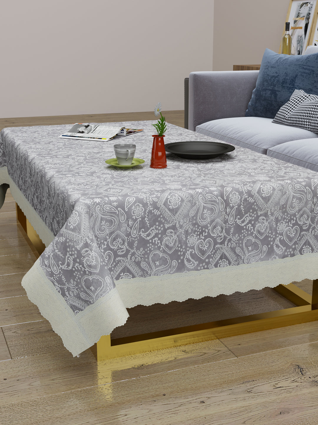 Centre Table Cover; 40x60 Inches; PVC; Anti Slip; White Print On Grey