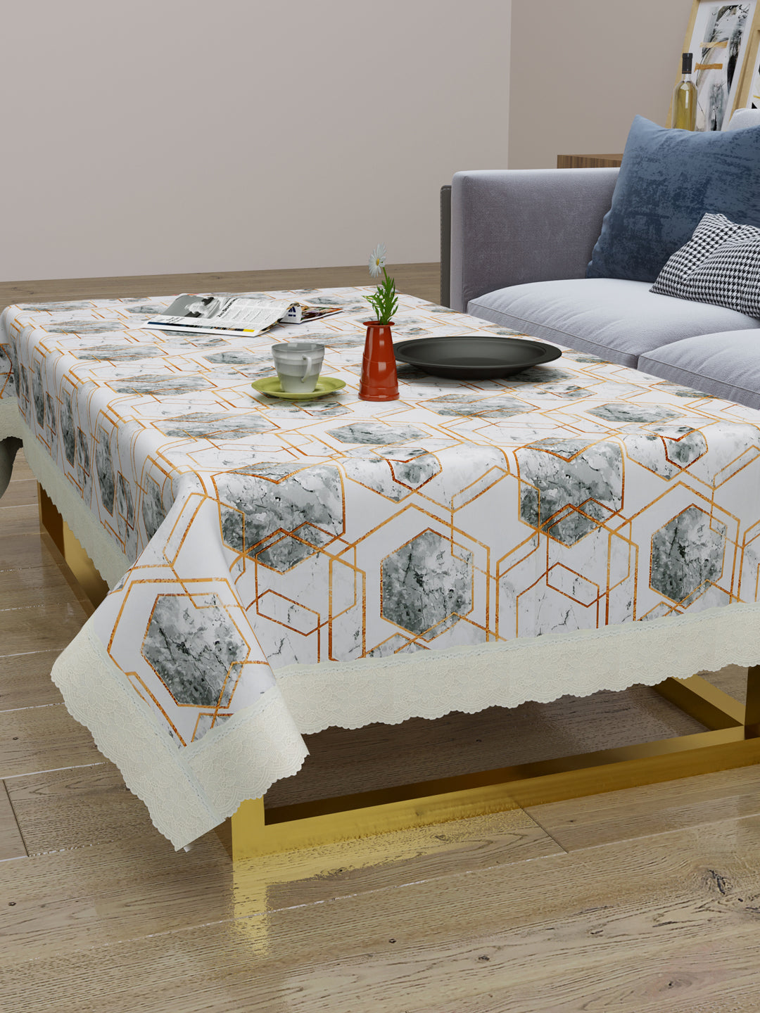 Centre Table Cover; 40x60 Inches; PVC; Anti Slip; White Grey Marble Design