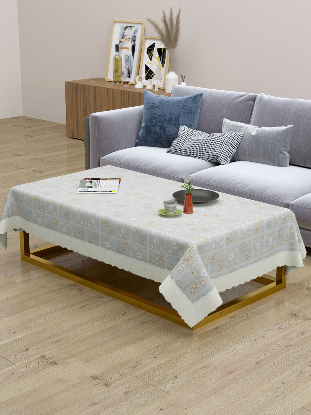 Centre Table Cover; 40x60 Inches; PVC; Anti Slip; Golden On Grey