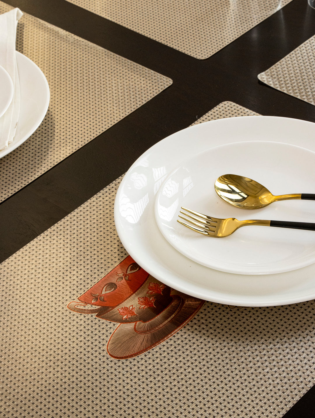 PVC Table Mats, Kitchen & Dining Placement; Set of 6 Pcs; Color - Golden & Beige