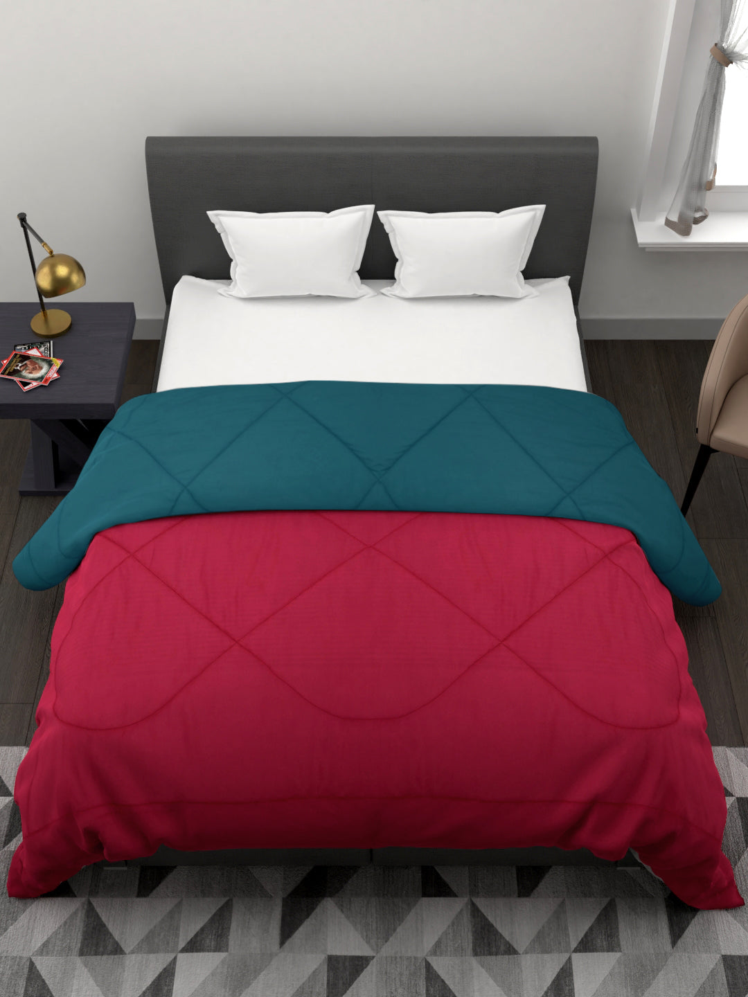Reversible Double Bed King Size Comforter; 90x100 Inches; Maroon & Cyan