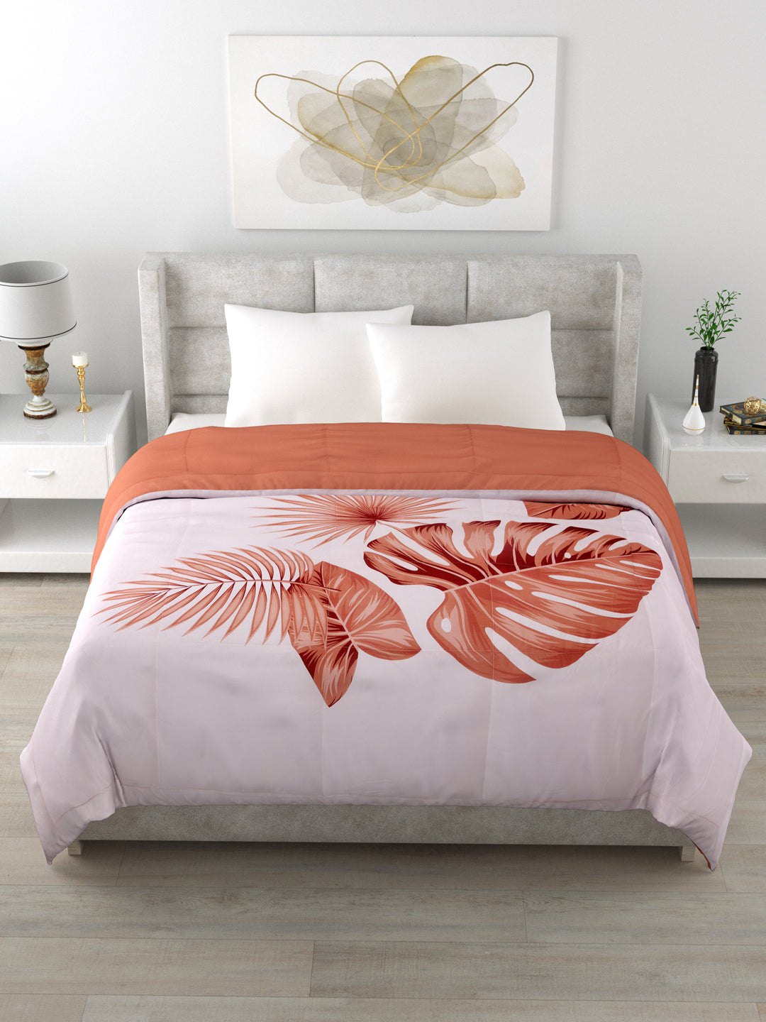 Reversible King Size Comforter 220 GSM; 90x100 Inches; Orange Leaves On Pink
