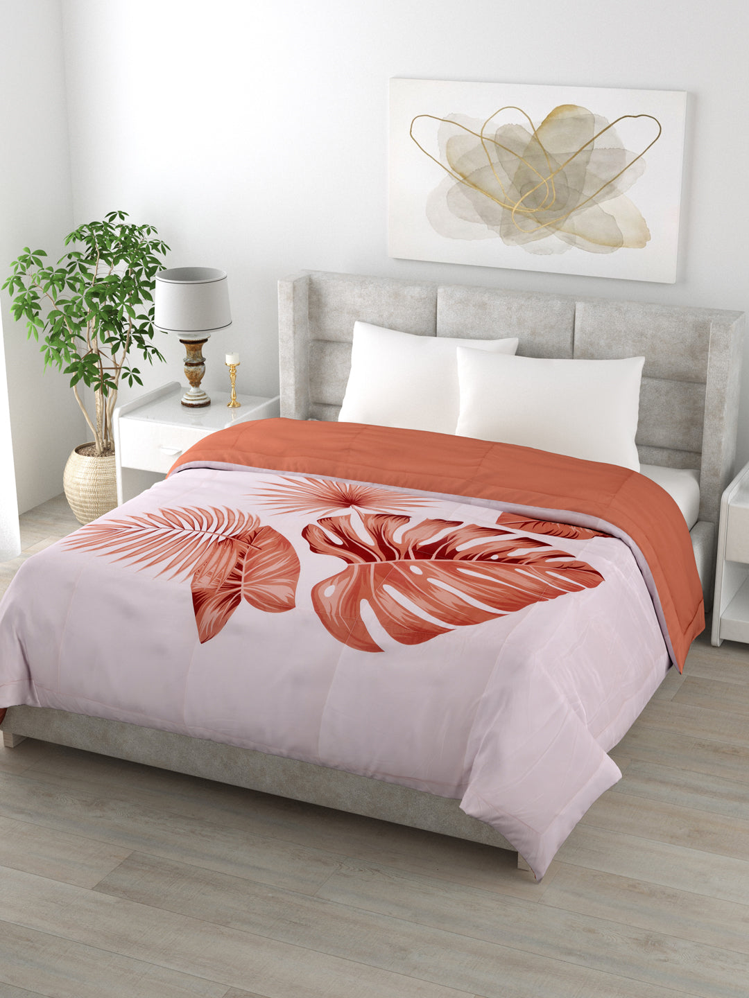 Reversible King Size Comforter 220 GSM; 90x100 Inches; Orange Leaves On Pink