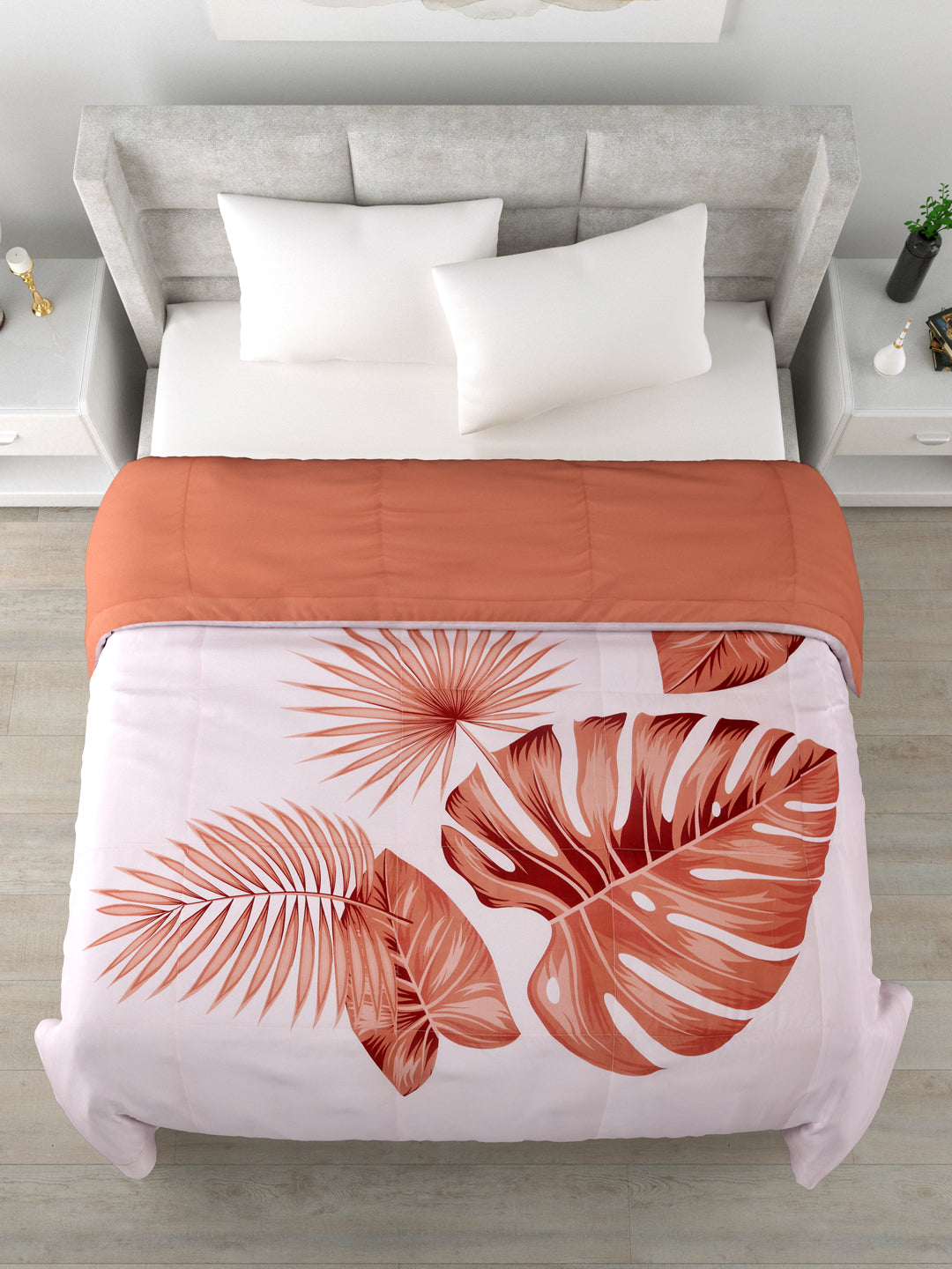 Reversible King Size Comforter 220 GSM; 90x100 Inches; Orange Leaves On Pink