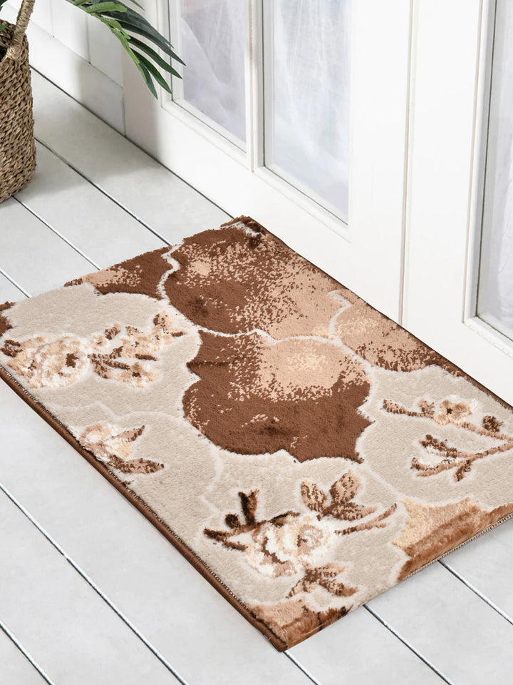 Doormat With Anti Skid Backing; 16x24 Inches; Beige Brown Flowers