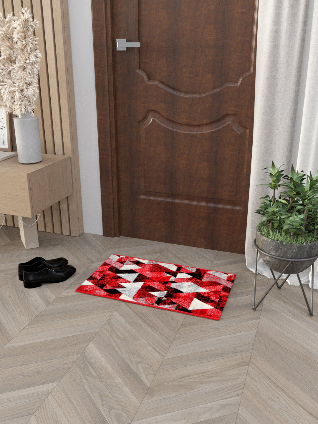 Doormat With Anti Skid Backing; 16x24 Inches; Red Black Triangles