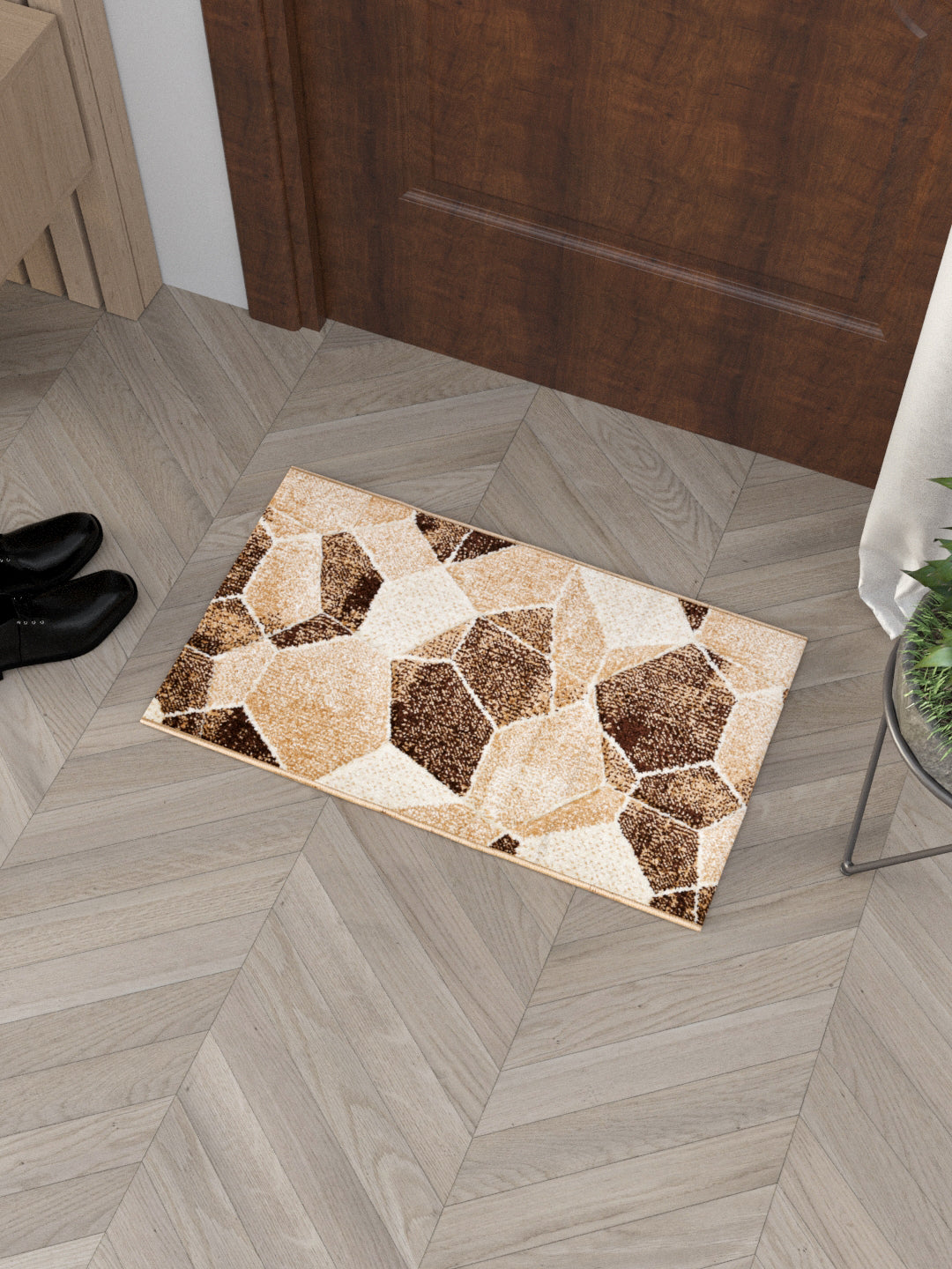 Doormat With Anti Skid Backing; 16x24 Inches; Beige Brown Diagonals
