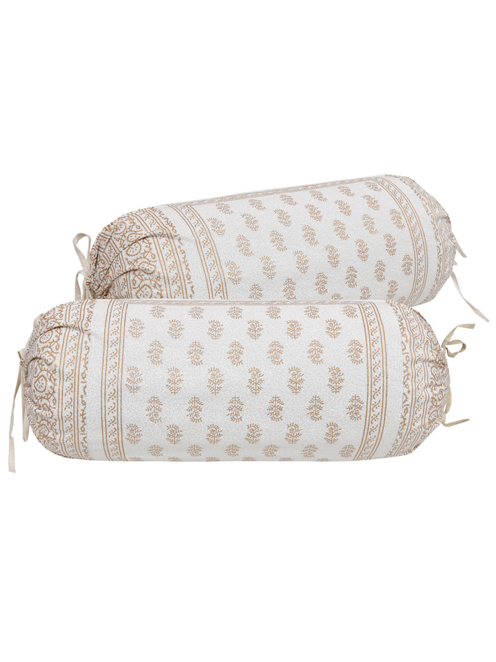 Cotton Bolster Covers; Set Of 2; 220 TC; White Gold Small Motif