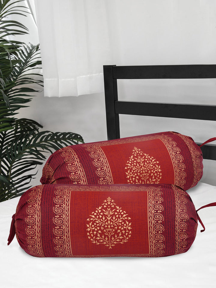 Cotton Bolster Covers; Set Of 2; 300 TC; Golden Motifs On Maroon Base