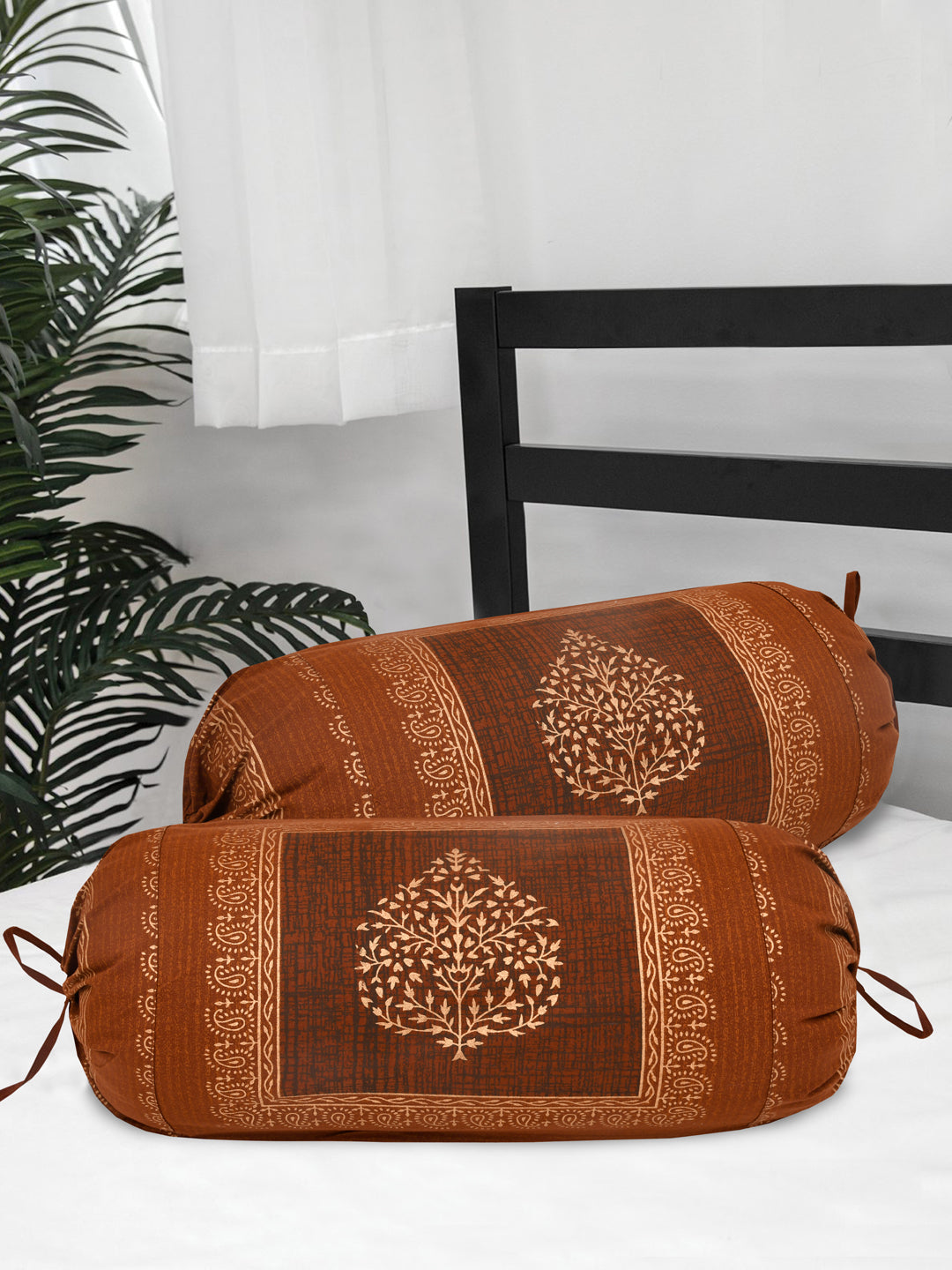 Cotton Bolster Covers; Set Of 2; 300 TC; Golden Motifs On Brown Base