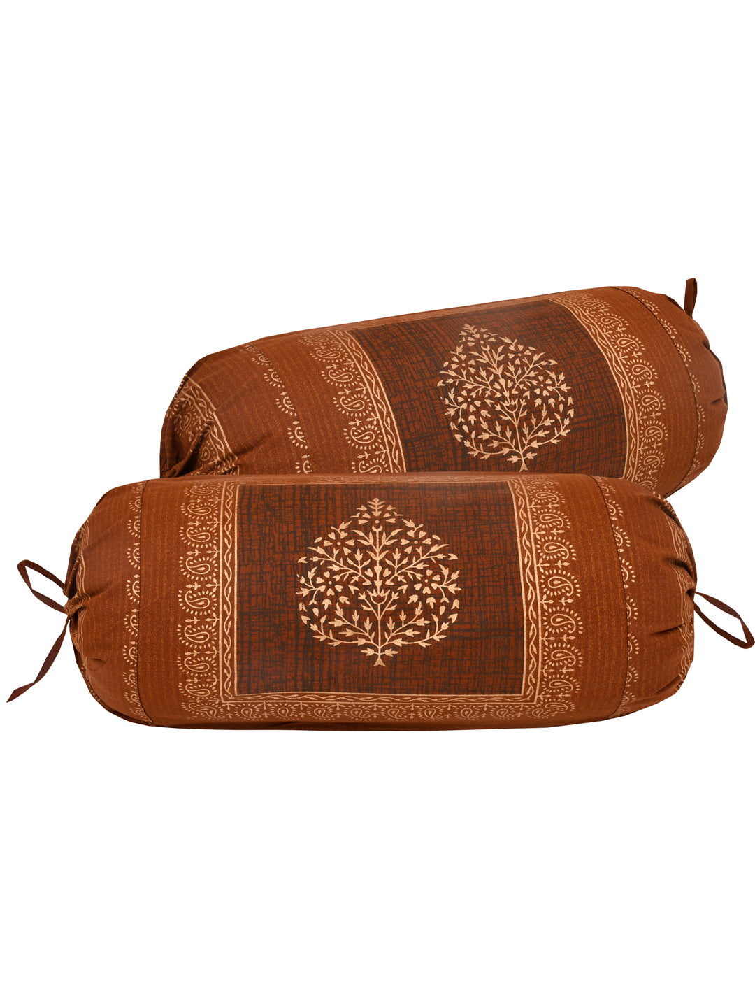 Cotton Bolster Covers; Set Of 2; 300 TC; Golden Motifs On Brown Base