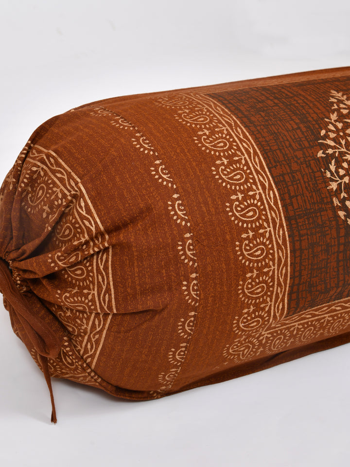 Cotton Bolster Covers; Set Of 2; 300 TC; Golden Motifs On Brown Base
