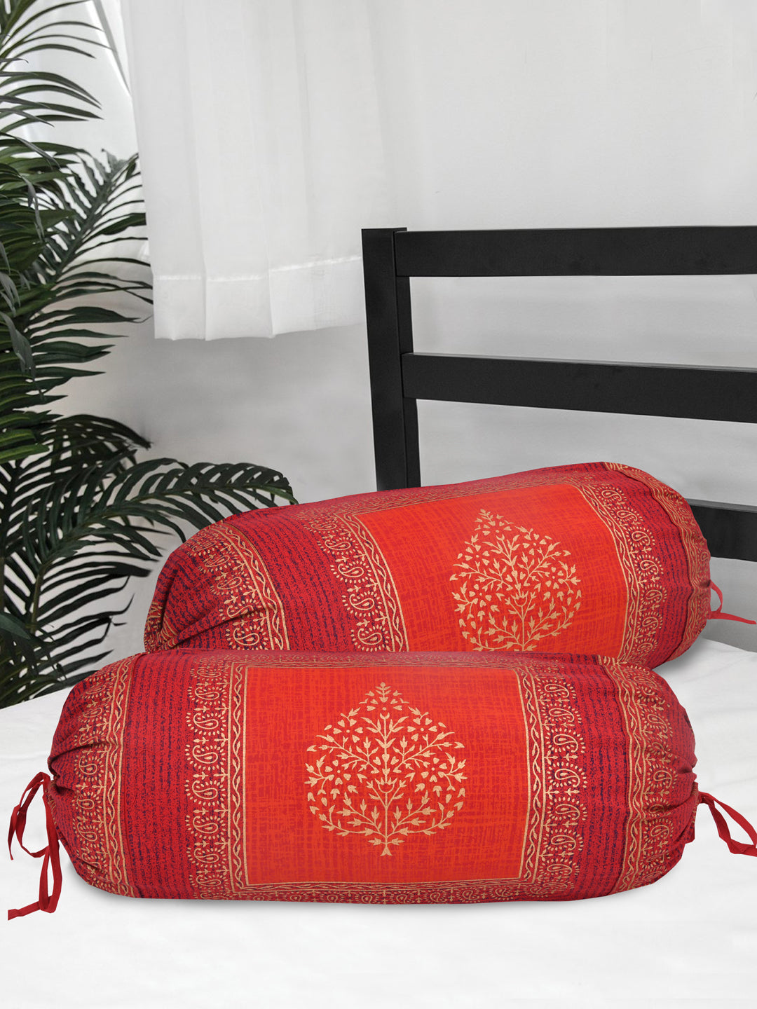 Cotton Bolster Covers; Set Of 2; 300 TC; Golden Motifs On Red Base ...