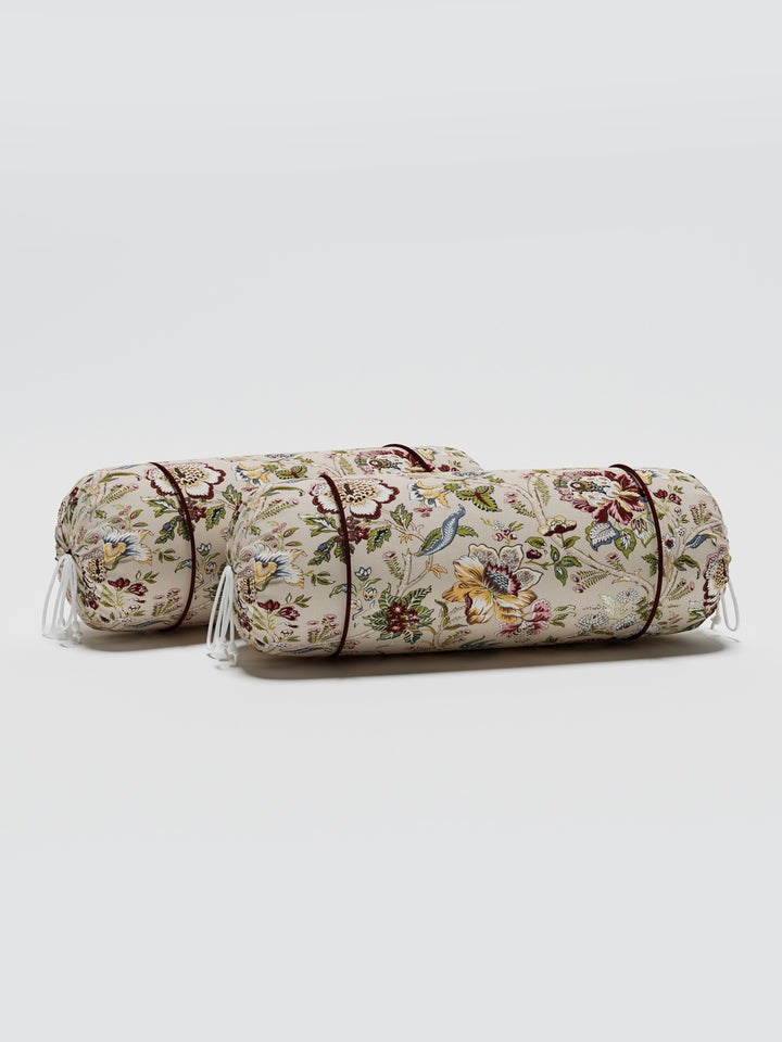 Cotton Bolster Covers; Set Of 2; 300 TC; Multi Flowers On Beige Base