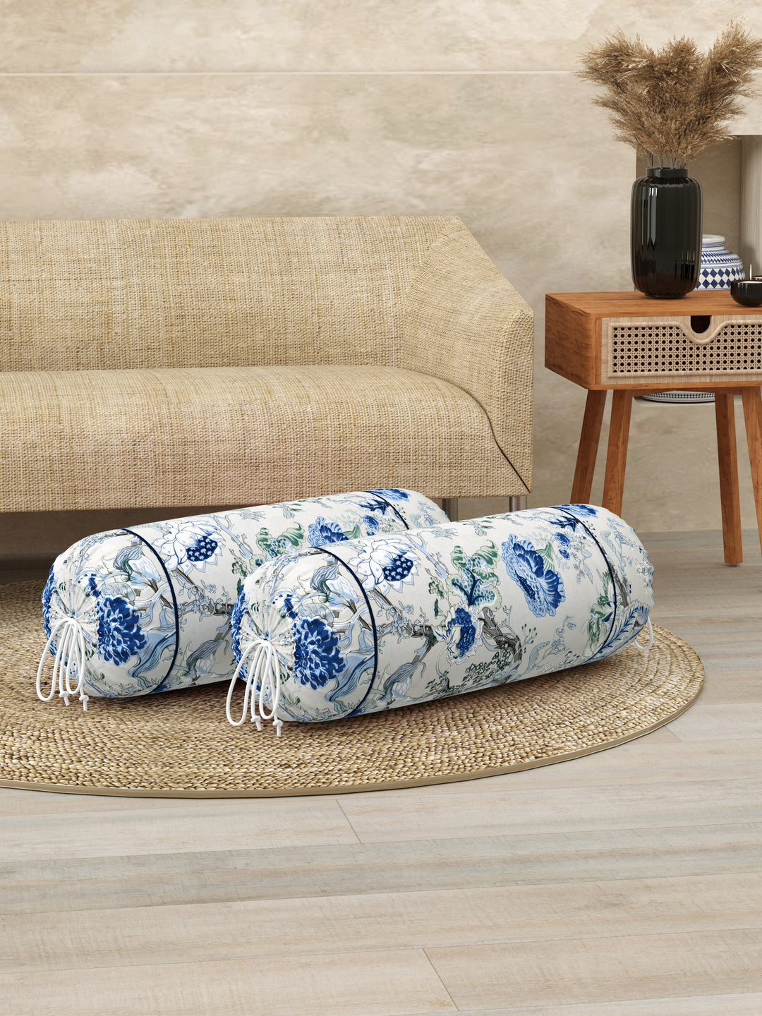 Cotton Bolster Covers; Set of 2; 220 TC; Blue Grey Flowers; 30x15 Inches