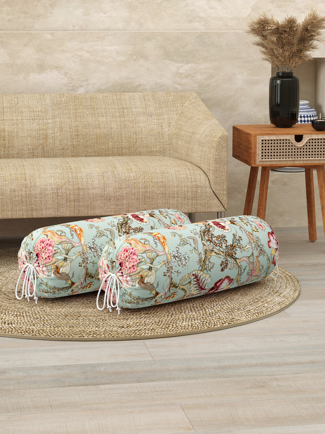 Cotton Bolster Covers; Set of 2; 220 TC; Multicolor Flowers On Green