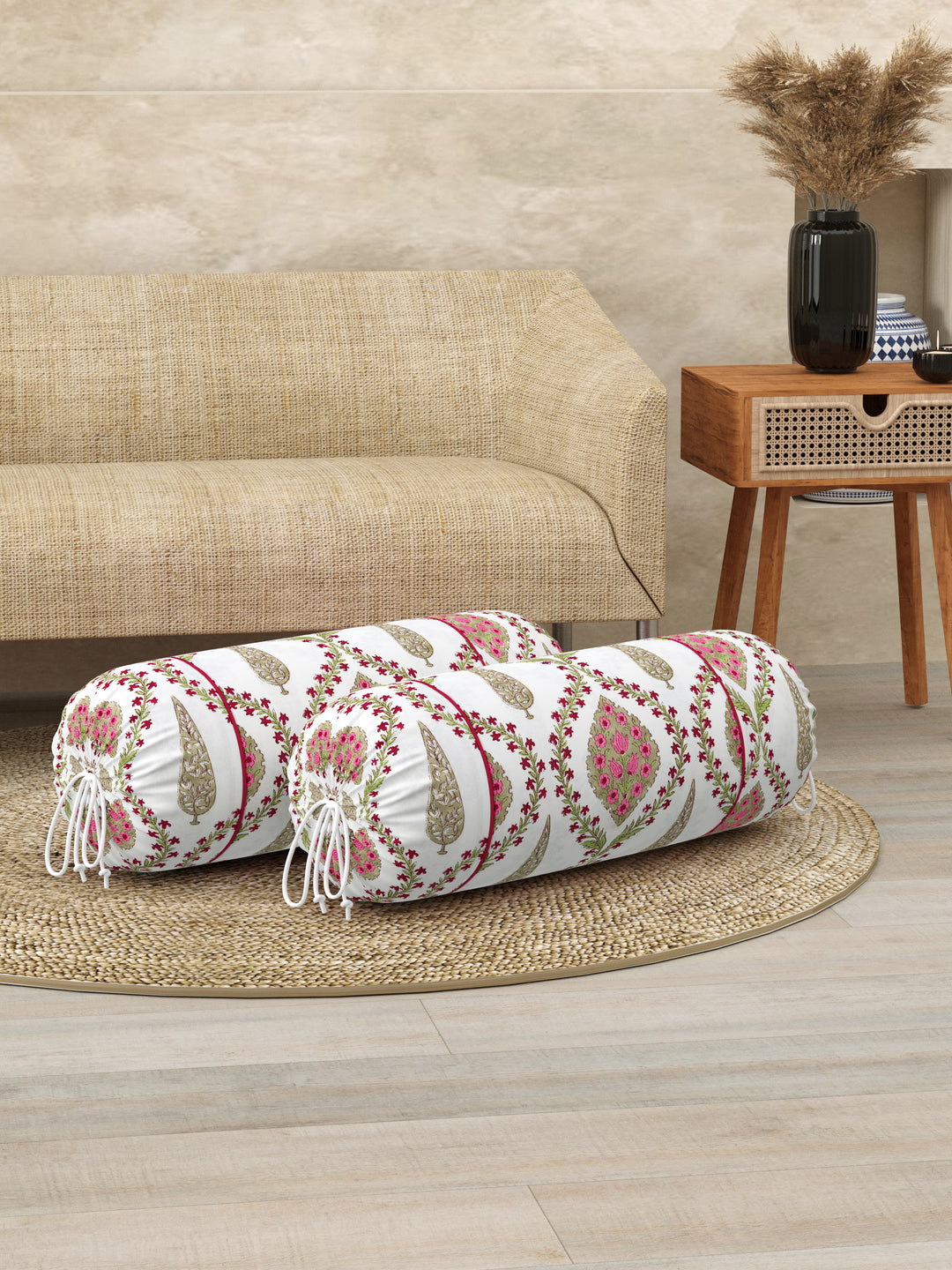 Cotton Bolster Covers; Set of 2; 220 TC;White Pink Block Print; 30x15 Inches