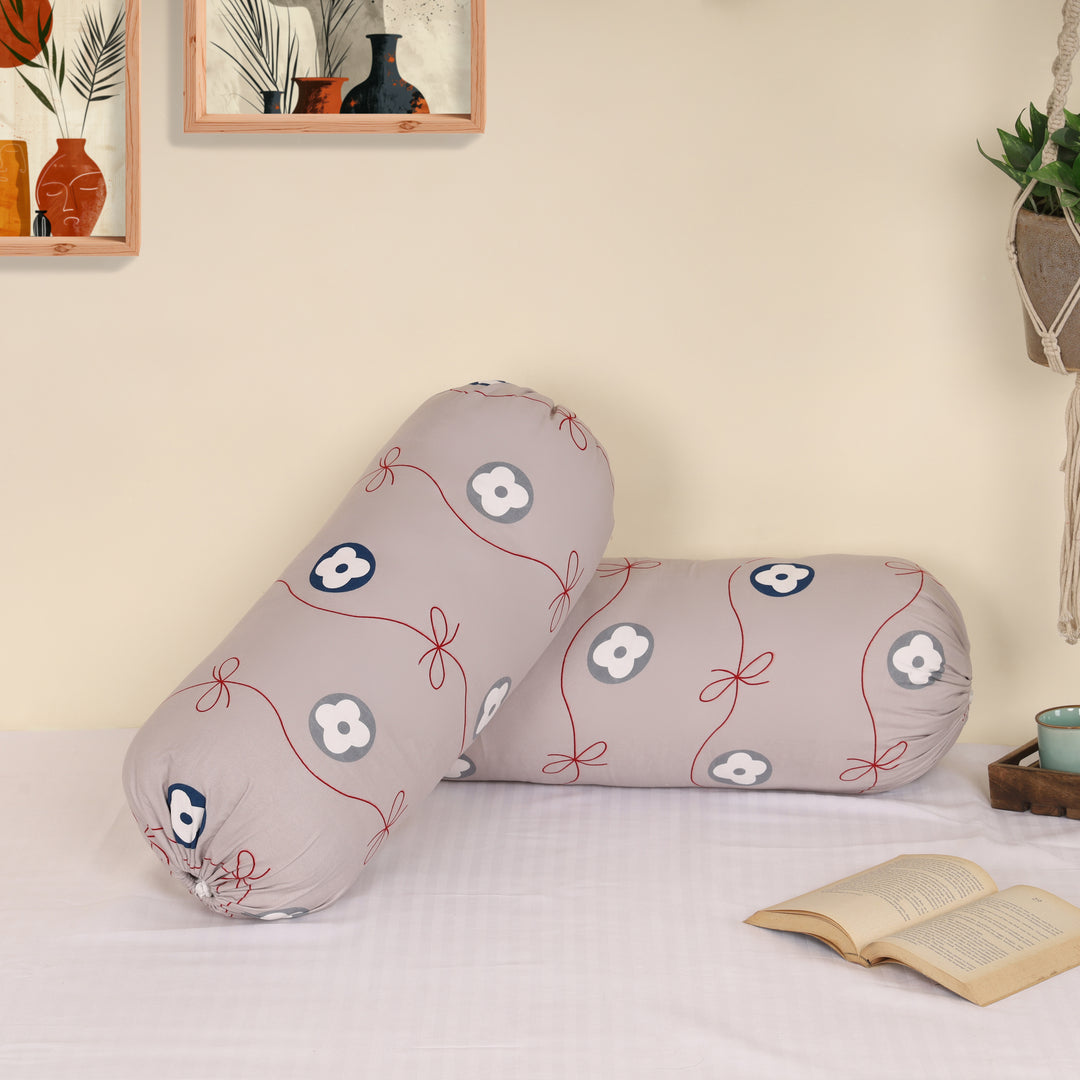 Cotton Bolster Pillow Cover Set of 2 – Floral Bow Bolsters for Sofa, Bed & Living Room | Soft & Washable Round Pillow Cover Set