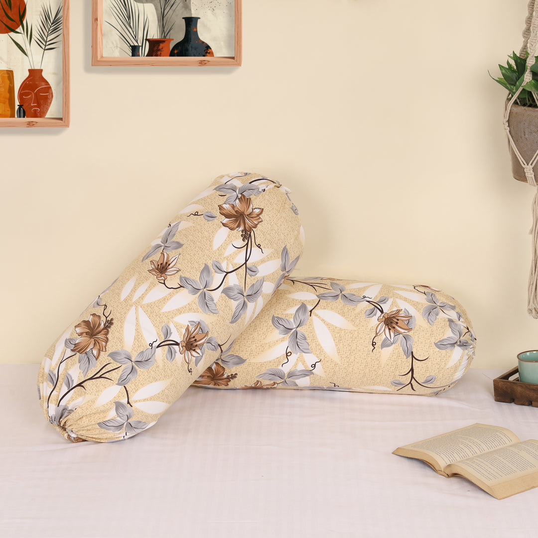 Cotton Bolster Pillow Cover Set of 2 – Brown & Grey Flowers Bolsters for Sofa, Bed & Living Room | Soft & Washable Round Pillow Cover Set