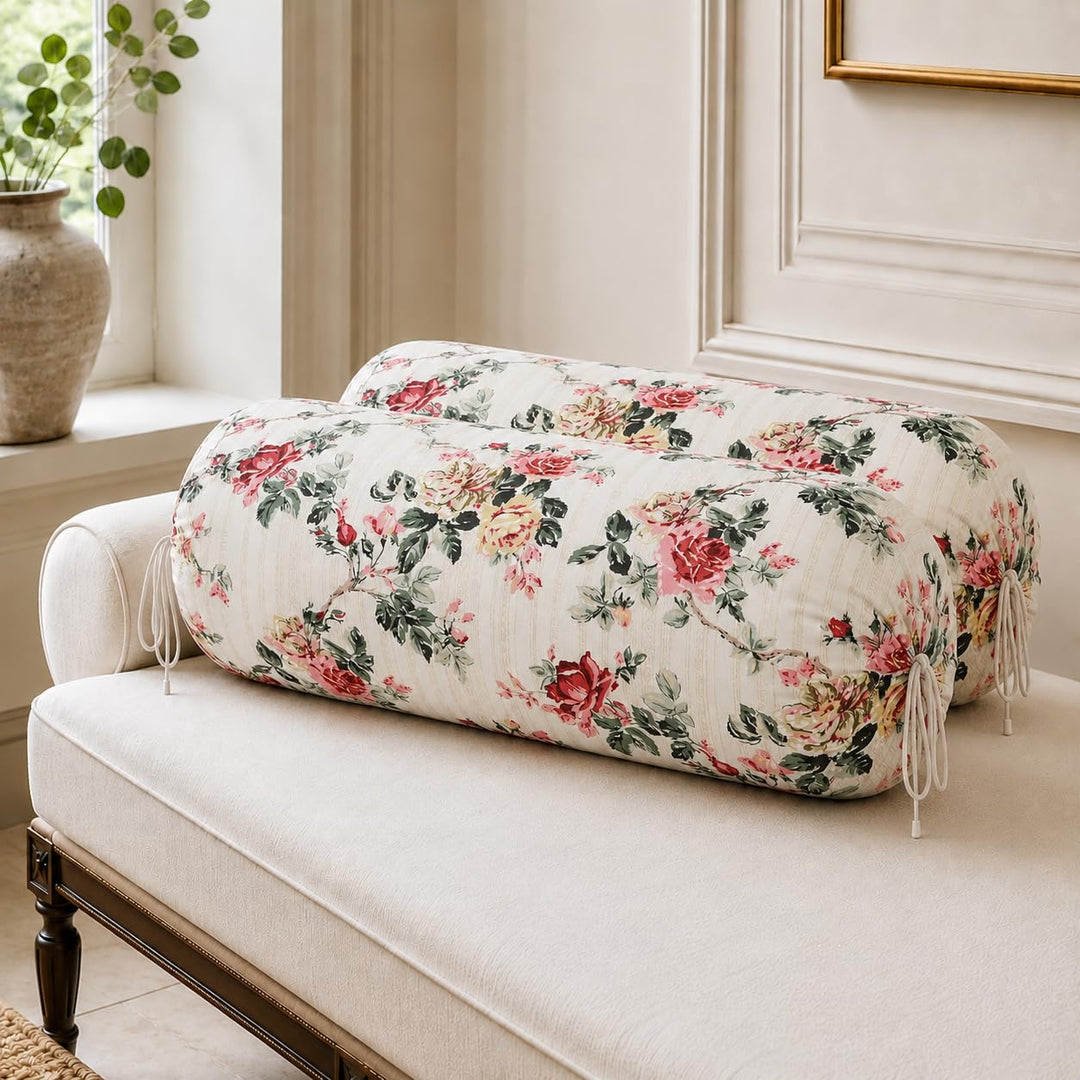 Cotton Bolster Covers Set of 2, Rose Manor, Standard Size