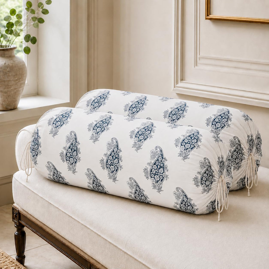 Cotton Bolster Covers Set of 2, Indigo Paisley, Standard Size