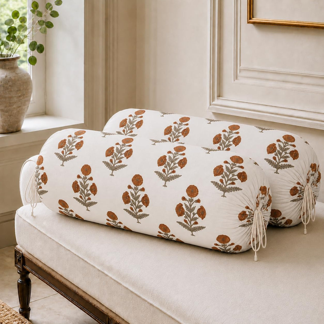 Cotton Bolster Covers Set of 2, Rustic Bloom, Standard Size