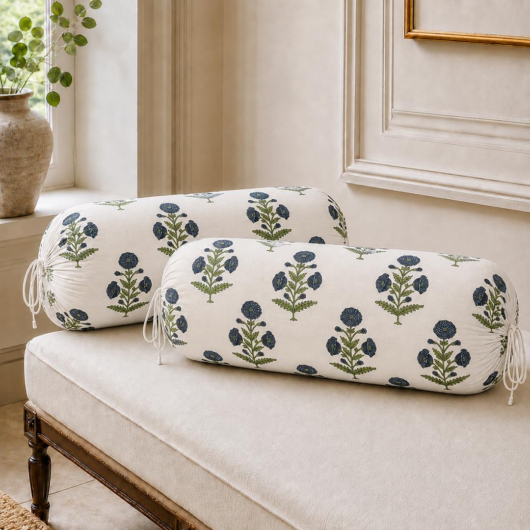 Cotton Bolster Covers Set of 2, Indigo Essence, Standard Size