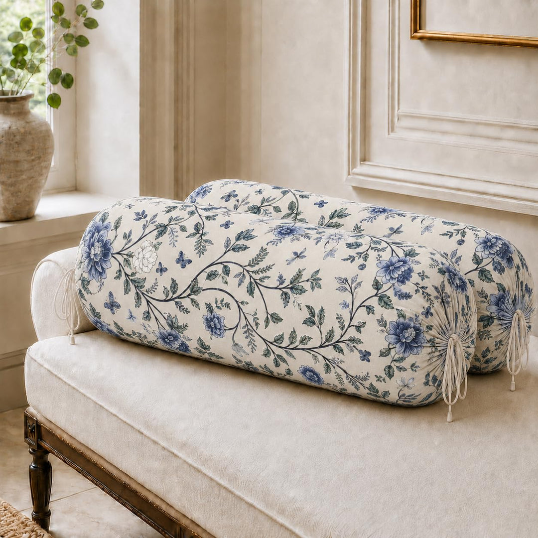 Cotton Bolster Covers Set of 2, Indigo Leaf, Standard Size (32x16 Inch)